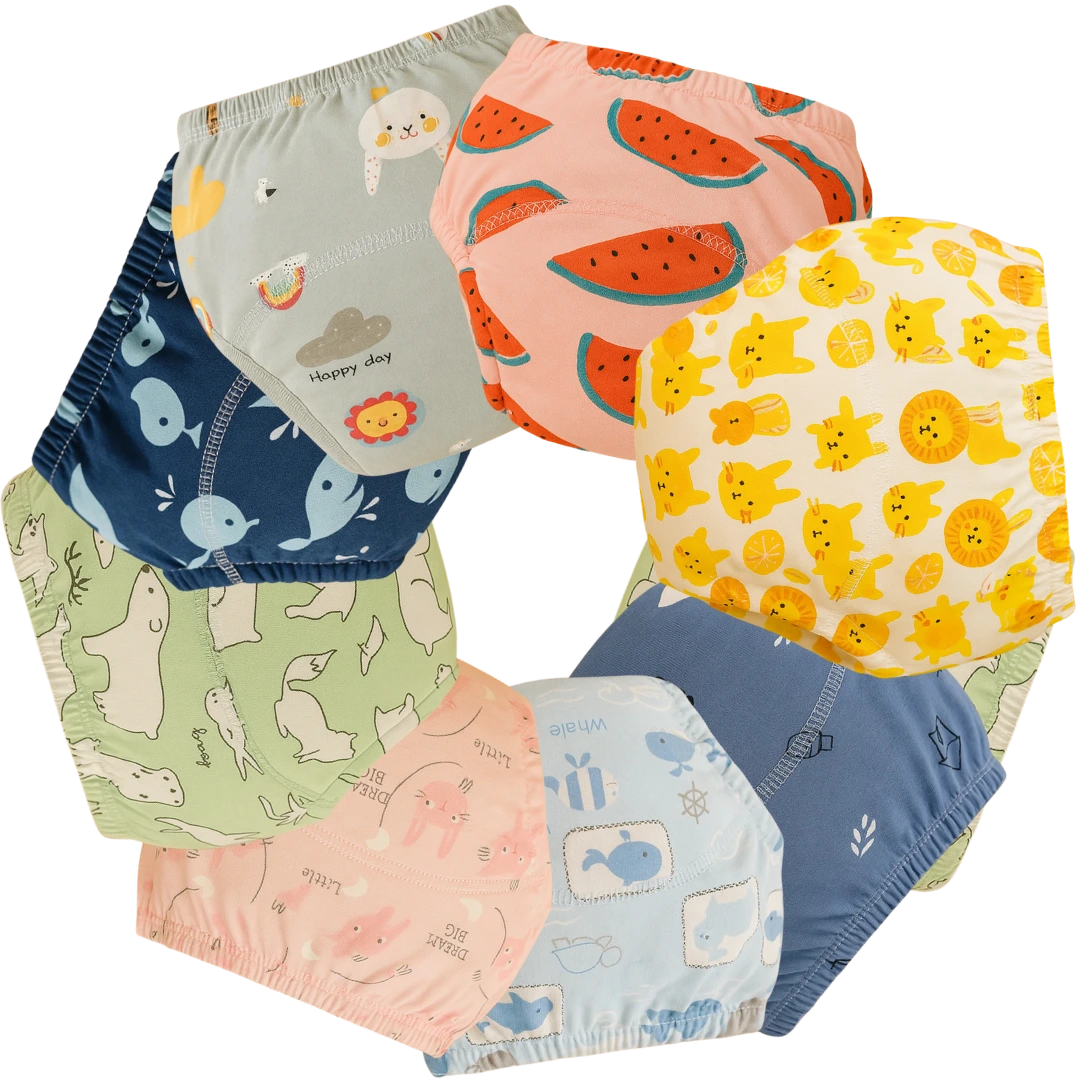 Lot de culottes d'apprentissage lavables pour enfants avec motifs colorés (animaux, fruits, soleil, nature)
